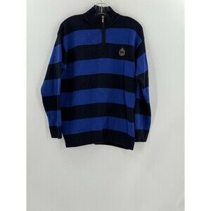 Lauren Ralph Lauren LARGE Blue Stripe 1/4 Zip Cotton Sweater Embroidered Crest